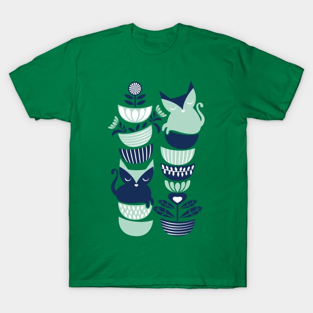 Swedish folk cats // navy blue and mint kittens T-Shirt by SelmaCardoso